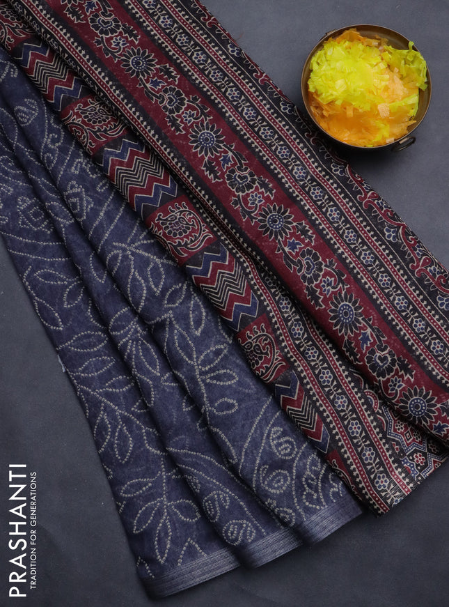 Semi linen saree bluish grey with allover bandhani prints and ajrakh printed pallu & blouse