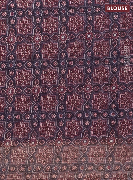 Semi linen saree wine shade with allover bandhani prints and ajrakh printed pallu & blouse