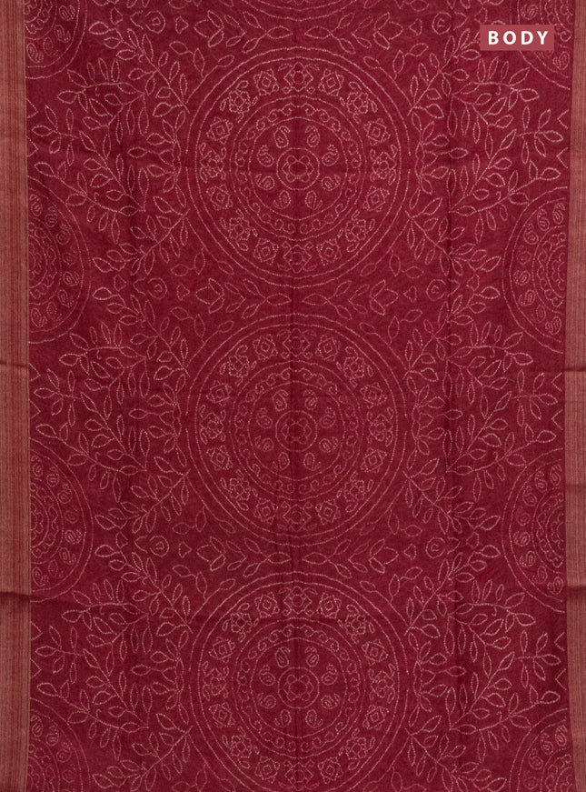 Semi linen saree maroon with allover bandhani prints and ajrakh printed pallu & blouse