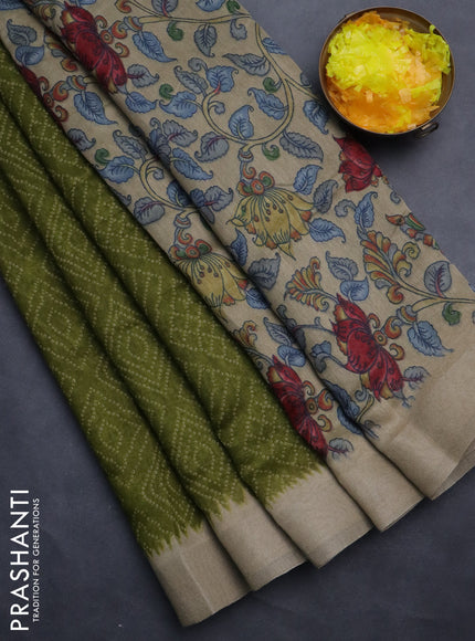 Semi linen saree mehendi green and beige with allover bandhani prints and kalamkari printed pallu & blouse