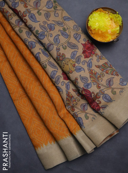 Semi linen saree mango yellow and beige with allover bandhani prints and kalamkari printed pallu & blouse