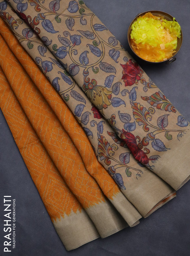 Semi linen saree mango yellow and beige with allover bandhani prints and kalamkari printed pallu & blouse