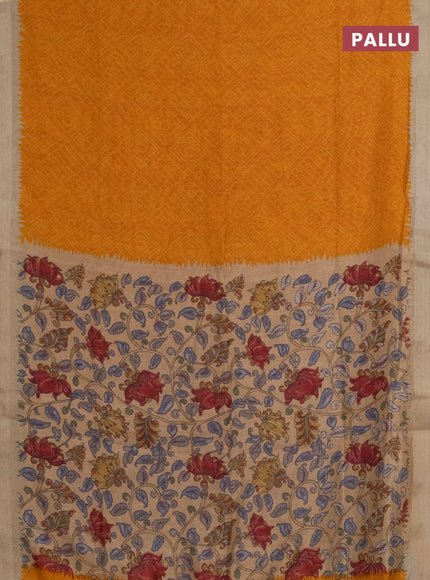 Semi linen saree mango yellow and beige with allover bandhani prints and kalamkari printed pallu & blouse