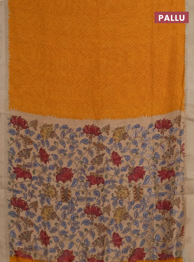 Semi linen saree mango yellow and beige with allover bandhani prints and kalamkari printed pallu & blouse