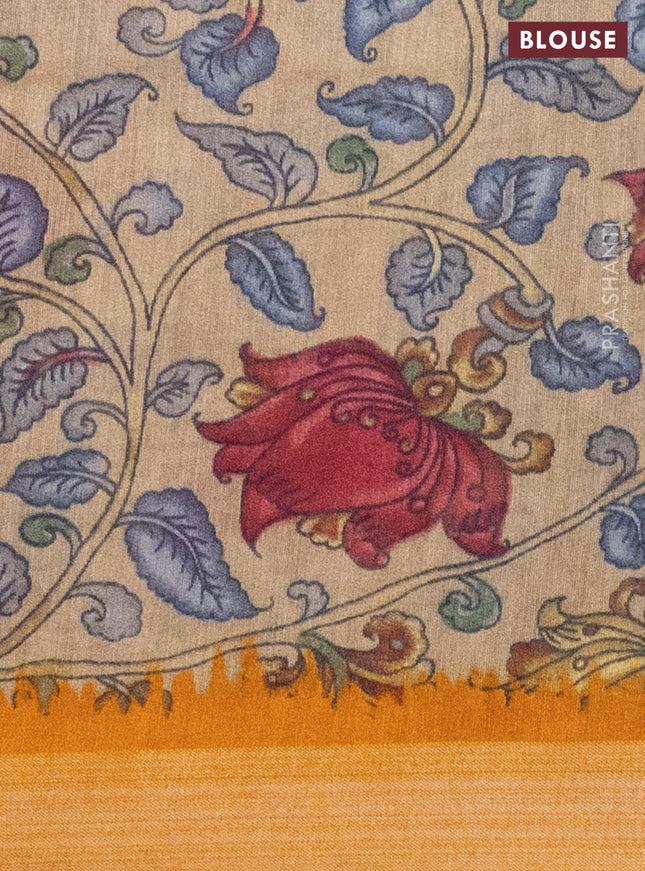 Semi linen saree mango yellow and beige with allover bandhani prints and kalamkari printed pallu & blouse