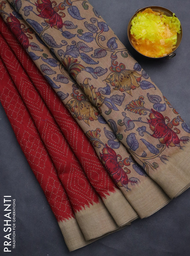 Semi linen saree maroon and beige with allover bandhani prints and kalamkari printed pallu & blouse