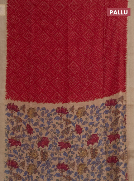 Semi linen saree maroon and beige with allover bandhani prints and kalamkari printed pallu & blouse
