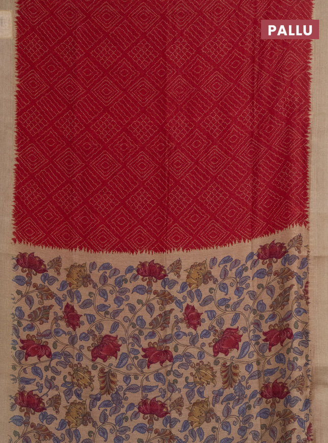 Semi linen saree maroon and beige with allover bandhani prints and kalamkari printed pallu & blouse