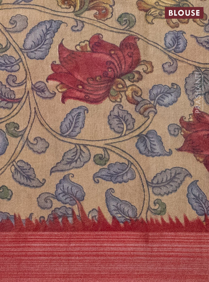 Semi linen saree maroon and beige with allover bandhani prints and kalamkari printed pallu & blouse