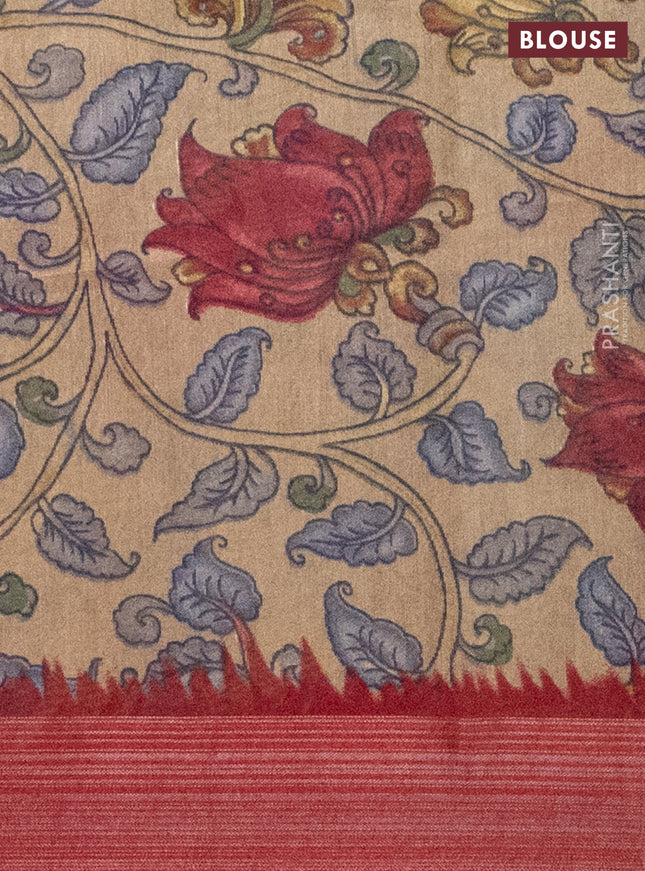 Semi linen saree maroon and beige with allover bandhani prints and kalamkari printed pallu & blouse