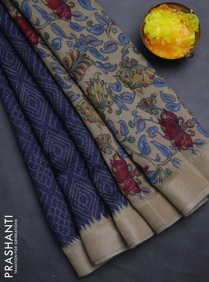 Semi linen saree peacock blue and beige with allover bandhani prints and kalamkari printed pallu & blouse