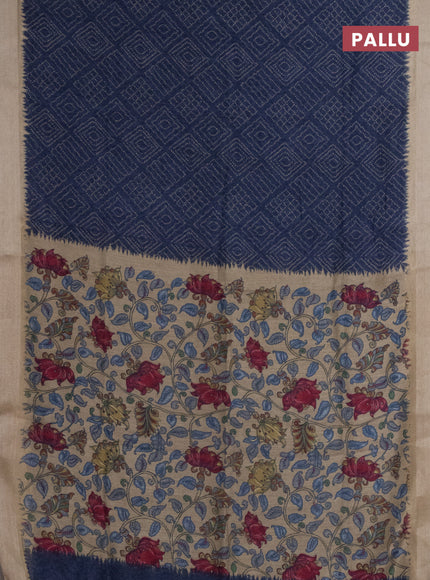 Semi linen saree peacock blue and beige with allover bandhani prints and kalamkari printed pallu & blouse