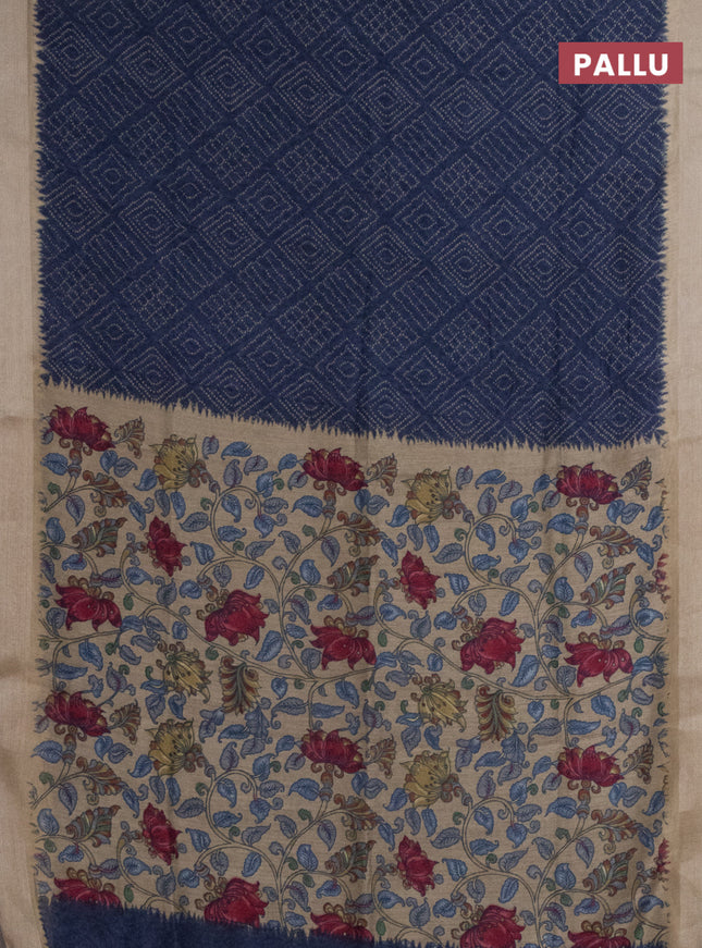 Semi linen saree peacock blue and beige with allover bandhani prints and kalamkari printed pallu & blouse