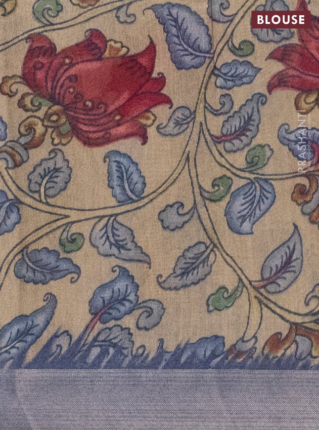 Semi linen saree peacock blue and beige with allover bandhani prints and kalamkari printed pallu & blouse