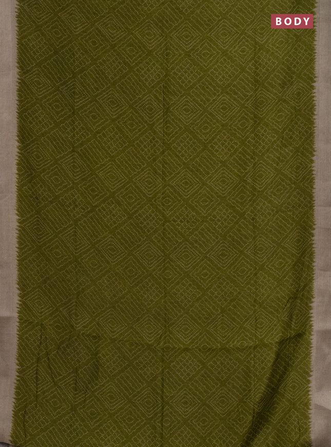 Semi linen saree mehendi green and beige with allover bandhani prints and kalamkari printed pallu & blouse