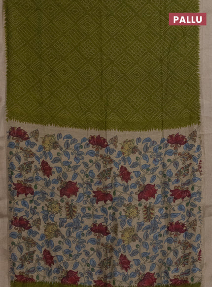 Semi linen saree mehendi green and beige with allover bandhani prints and kalamkari printed pallu & blouse