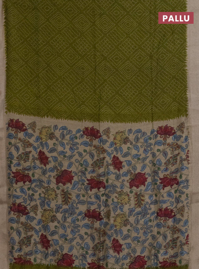 Semi linen saree mehendi green and beige with allover bandhani prints and kalamkari printed pallu & blouse