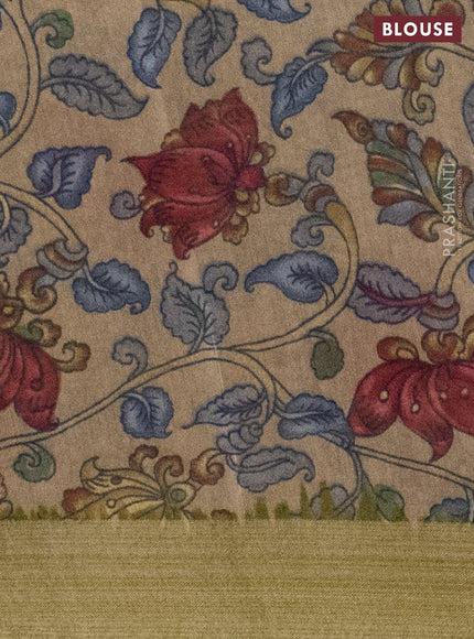 Semi linen saree mehendi green and beige with allover bandhani prints and kalamkari printed pallu & blouse