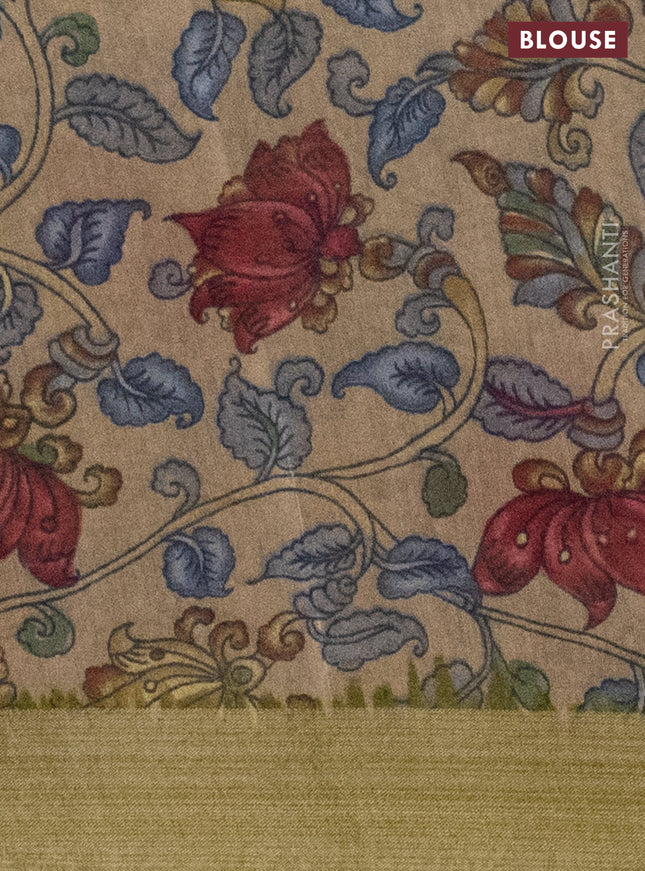 Semi linen saree mehendi green and beige with allover bandhani prints and kalamkari printed pallu & blouse