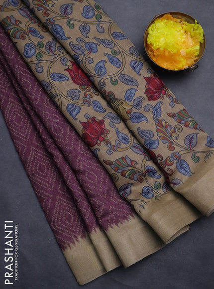 Semi linen saree wine shade and beige with allover bandhani prints and kalamkari printed pallu & blouse