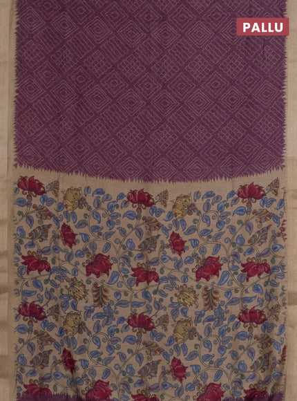 Semi linen saree wine shade and beige with allover bandhani prints and kalamkari printed pallu & blouse