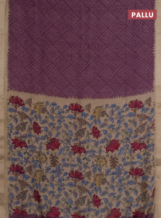 Semi linen saree wine shade and beige with allover bandhani prints and kalamkari printed pallu & blouse