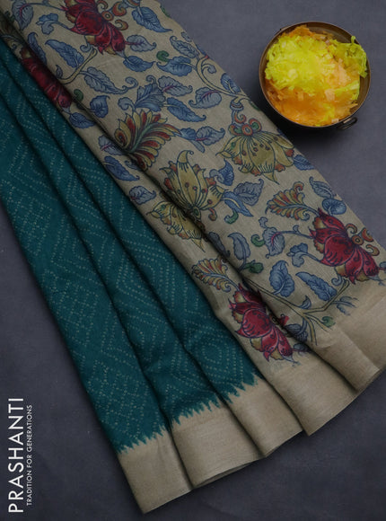 Semi linen saree teal blue and beige with allover bandhani prints and kalamkari printed pallu & blouse