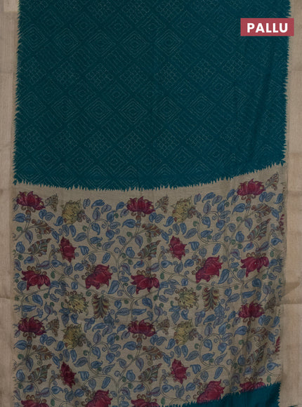 Semi linen saree teal blue and beige with allover bandhani prints and kalamkari printed pallu & blouse