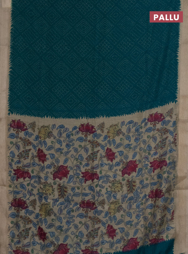 Semi linen saree teal blue and beige with allover bandhani prints and kalamkari printed pallu & blouse