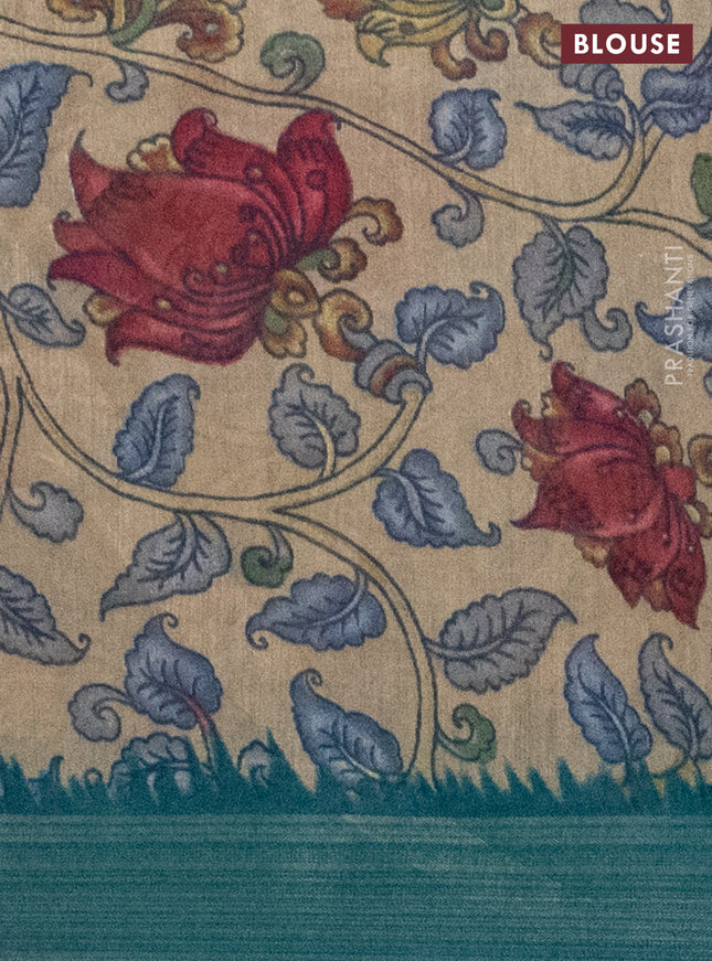 Semi linen saree teal blue and beige with allover bandhani prints and kalamkari printed pallu & blouse