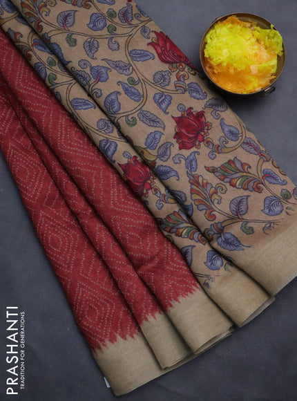 Semi linen saree maroon and beige with allover bandhani prints and kalamkari printed pallu & blouse