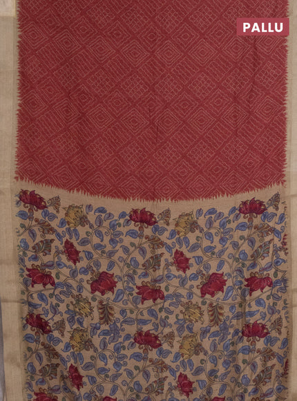 Semi linen saree maroon and beige with allover bandhani prints and kalamkari printed pallu & blouse