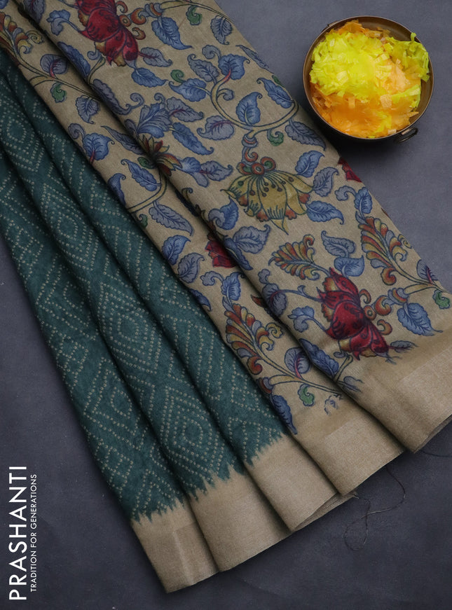 Semi linen saree bottle green and beige with allover bandhani prints and kalamkari printed pallu & blouse