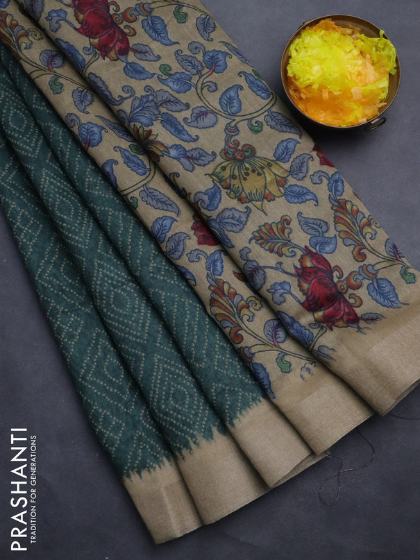 Semi linen saree bottle green and beige with allover bandhani prints and kalamkari printed pallu & blouse