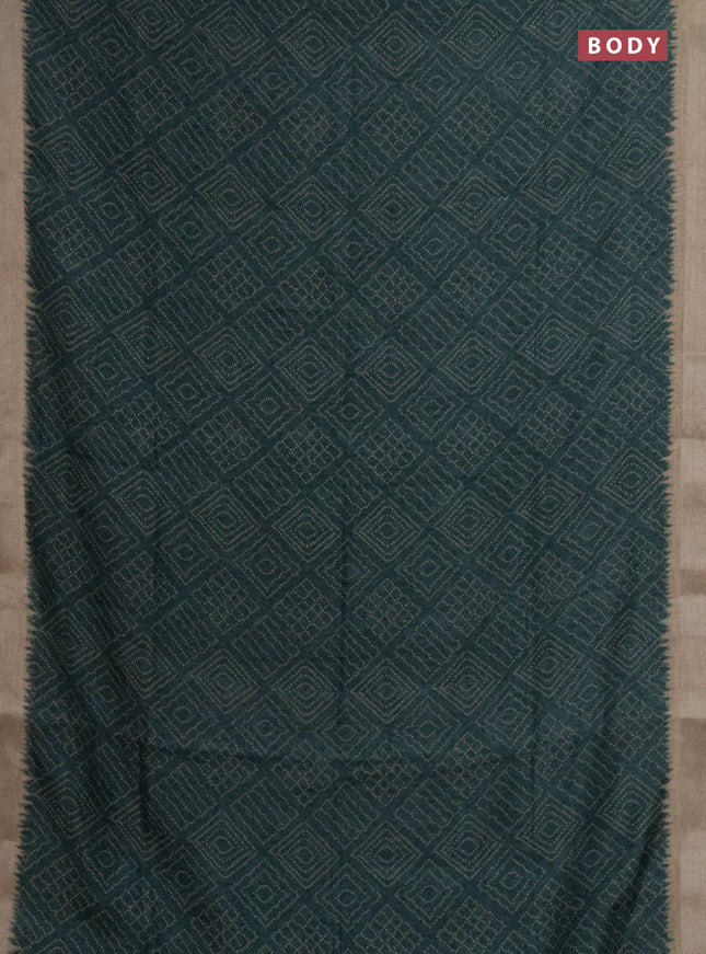 Semi linen saree bottle green and beige with allover bandhani prints and kalamkari printed pallu & blouse