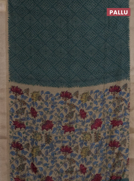 Semi linen saree bottle green and beige with allover bandhani prints and kalamkari printed pallu & blouse
