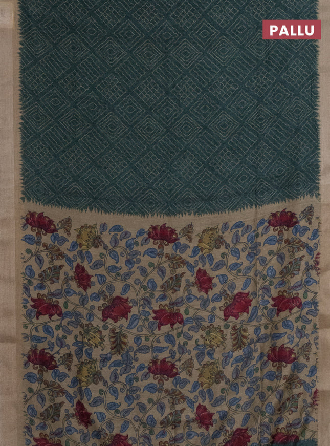 Semi linen saree bottle green and beige with allover bandhani prints and kalamkari printed pallu & blouse