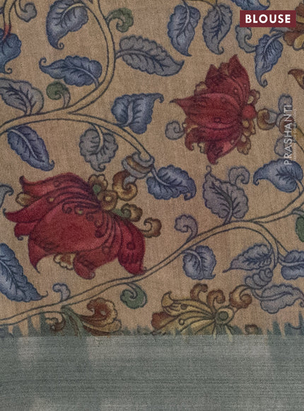 Semi linen saree bottle green and beige with allover bandhani prints and kalamkari printed pallu & blouse