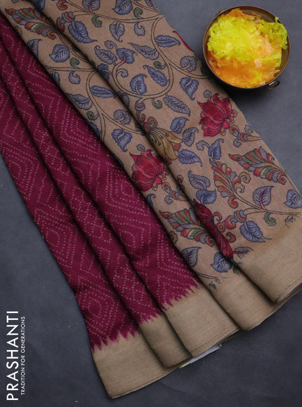 Semi linen saree dark magenta pink and beige with allover bandhani prints and kalamkari printed pallu & blouse