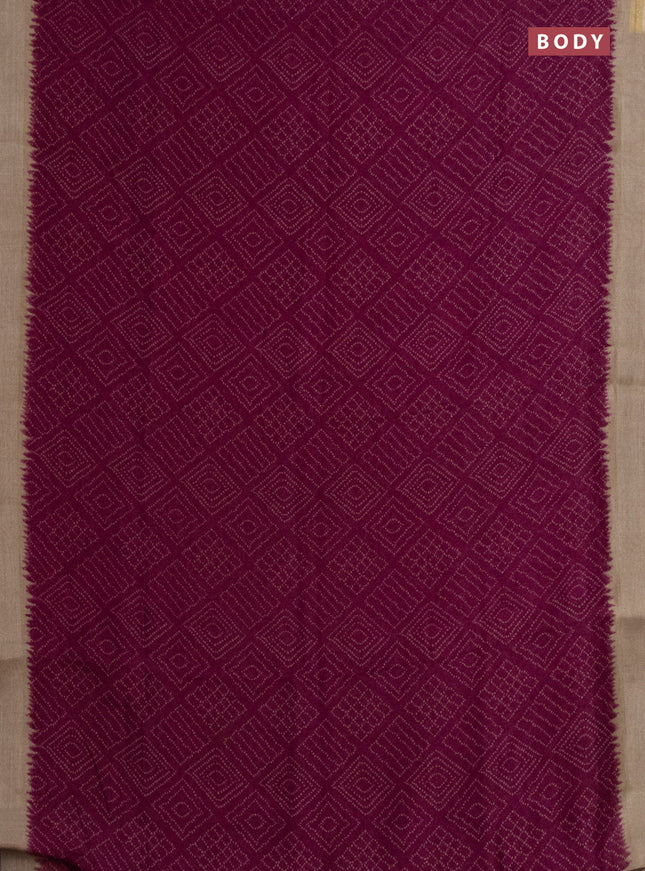 Semi linen saree dark magenta pink and beige with allover bandhani prints and kalamkari printed pallu & blouse