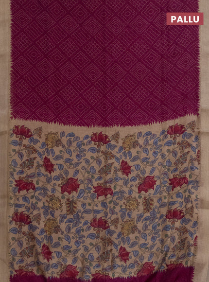 Semi linen saree dark magenta pink and beige with allover bandhani prints and kalamkari printed pallu & blouse