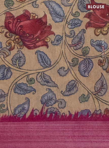 Semi linen saree dark magenta pink and beige with allover bandhani prints and kalamkari printed pallu & blouse