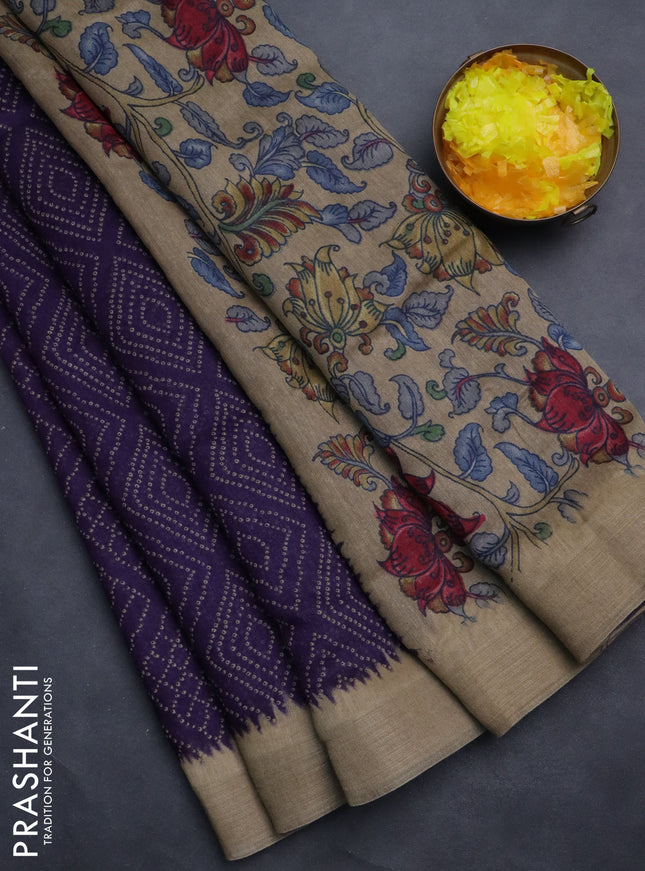 Semi linen saree violet and beige with allover bandhani prints and kalamkari printed pallu & blouse