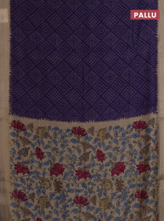 Semi linen saree violet and beige with allover bandhani prints and kalamkari printed pallu & blouse