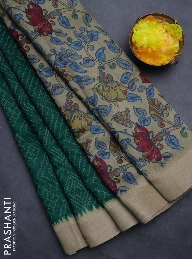 Semi linen saree green and beige with allover bandhani prints and kalamkari printed pallu & blouse