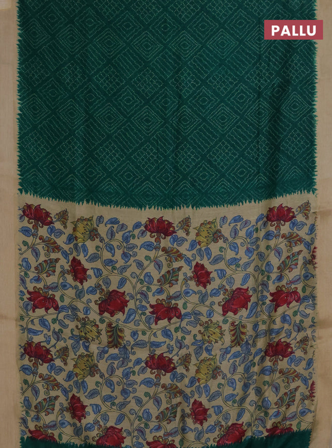 Semi linen saree green and beige with allover bandhani prints and kalamkari printed pallu & blouse