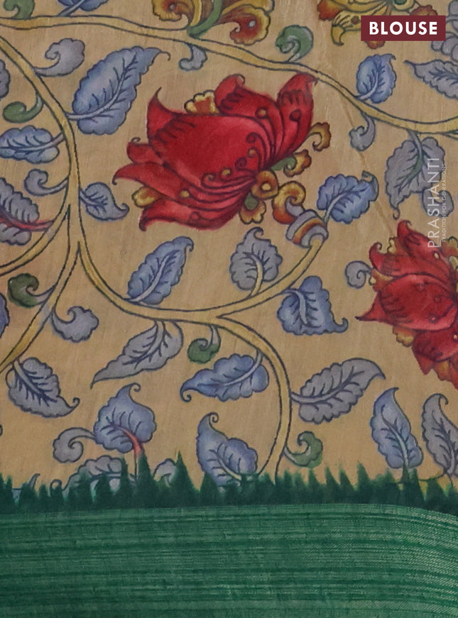 Semi linen saree green and beige with allover bandhani prints and kalamkari printed pallu & blouse