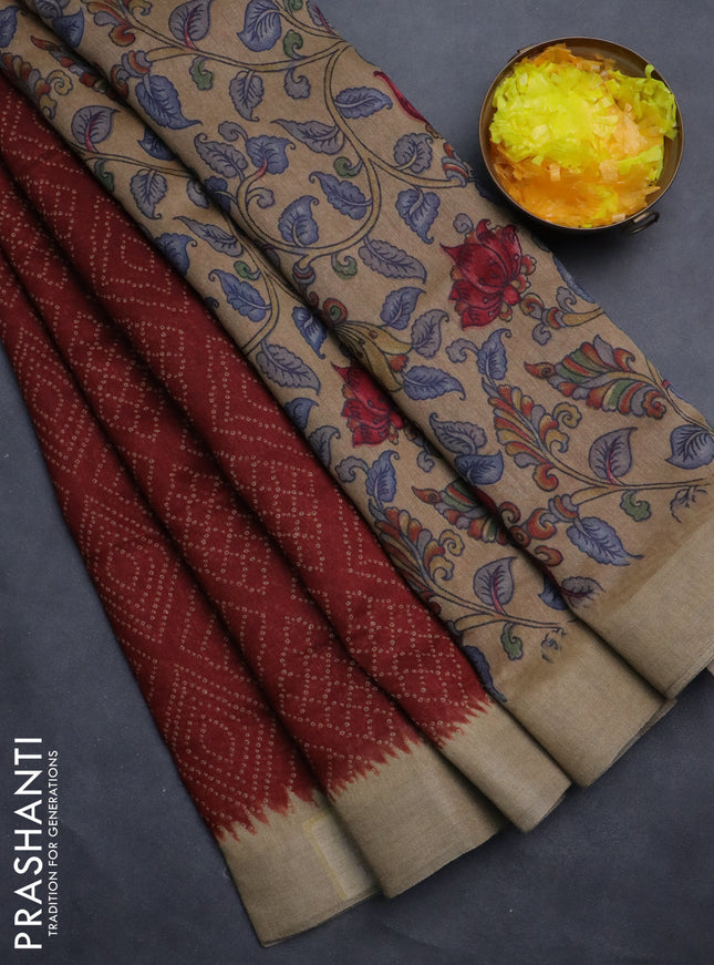 Semi linen saree maroon and beige with allover bandhani prints and kalamkari printed pallu & blouse