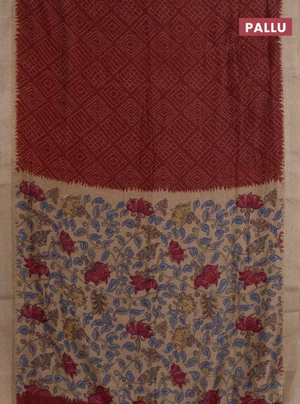 Semi linen saree maroon and beige with allover bandhani prints and kalamkari printed pallu & blouse