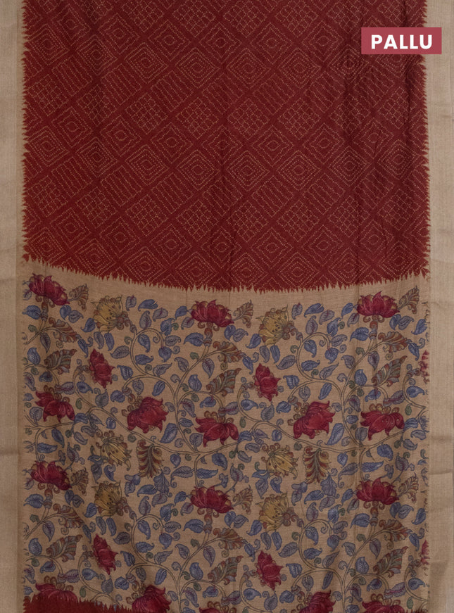 Semi linen saree maroon and beige with allover bandhani prints and kalamkari printed pallu & blouse